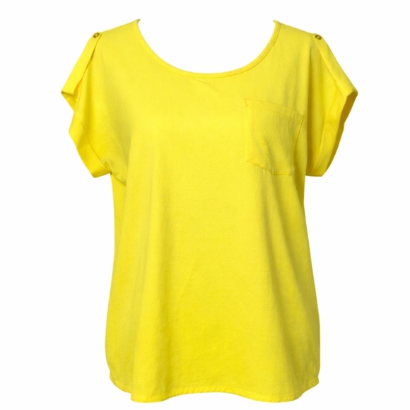 Chocolate Tops - Chocolate Yellow Short Sleeve Blouse Button Back Large